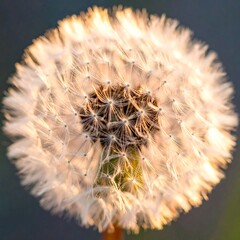 Close-up of a dandelion seedhead, glowing with warm sunlight
