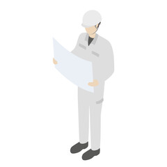 Construction worker holding blueprint isometric illustration