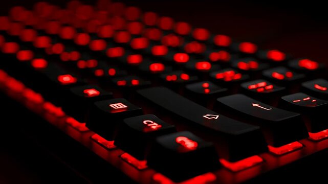 Close Up Of Illuminated Mechanical Keyboard With Red Backlight