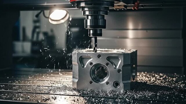 Precision Machining of Metal Block with Drill Bit in Manufacturing Facility with Sharp Metal Debris and Gray Background Creating Industrial and Engineering Aesthetic Close Up Footage