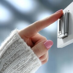 Person adjusting smart home thermostat on wall in bright modern interior with natural daylight and clean minimal design.