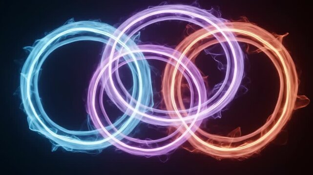 Three Interlocking Neon Rings Glowing with Blue Purple and Orange Energy Particles on a Dark Background