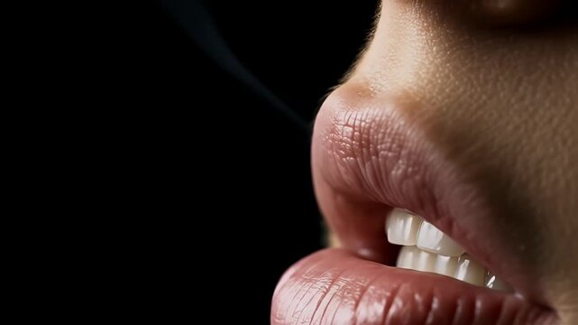 Close Up Of Woman Exhaling Smoke Dramatic Lighting Black Background Realistic