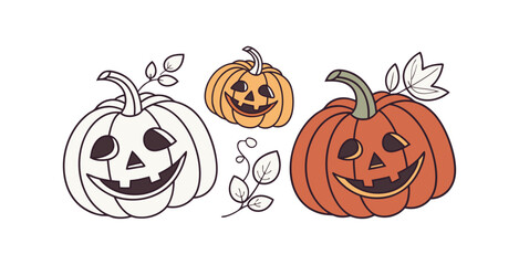Pumpkin simple flat color icons Halloween vector set white backgraound