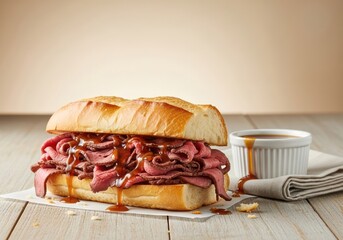 Roast Beef French Dip Sandwich on Baguette with Au Jus Dipping Sauce