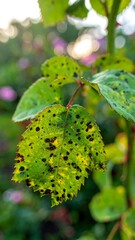 Close-up of a leaf with spots and bokeh in the background