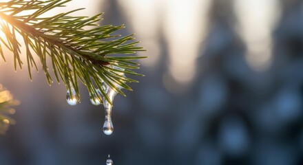 Icy Embrace: Capturing the enchanting moment as droplets of frozen water cling delicately to a pine branch. Each droplet sparkles with a captivating purity.