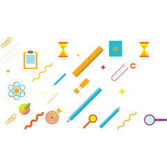Assorted School Supplies and Stationery Elements Scattered on a Transparent Background with Geometric Shapes and Atomic Models Displaying a Vibrant and Playful Academic Theme