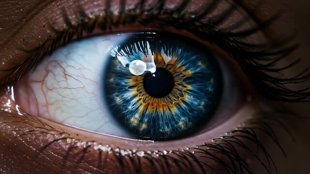 Close Up Realistic Human Eye Macro Iris Blue And Orange With Detailed Lashes
