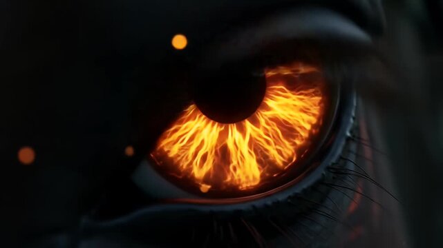 Close Up Realistic Human Eye With Fiery Orange Iris And Dark Pupil