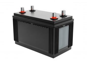 Black battery with silver terminals isolated on a transparent background