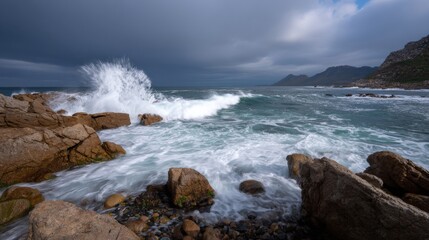 Fototapeta premium Dramatic ocean waves crashing on rocky shore under stormy sky