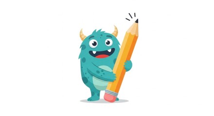 : Playful Monster Character Enthusiastically Holding an Oversized Pencil Design 