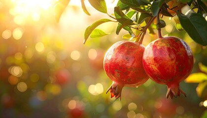 Close-up of two ripe pomegranates hanging from a sunlit branch