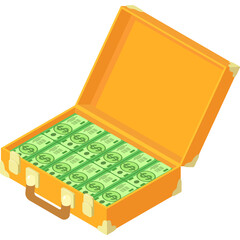 An Open Orange Briefcase Filled With Stacks Of US Dollar Bills Rendered In Isometric Style On A Transparent Background Representing Wealth And Finance