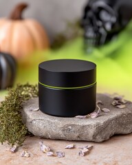 Studio shot of a frosted midnight black skincare jar on a mirrored surface, surrounded by pale lavender petals and a soft eerie shimmer in the background. The midnight black sets a spooky tone,