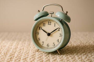 Classic mint green retro alarm clock on soft textured carpet, showing ten o'clock, vintage timepiece home decor concept