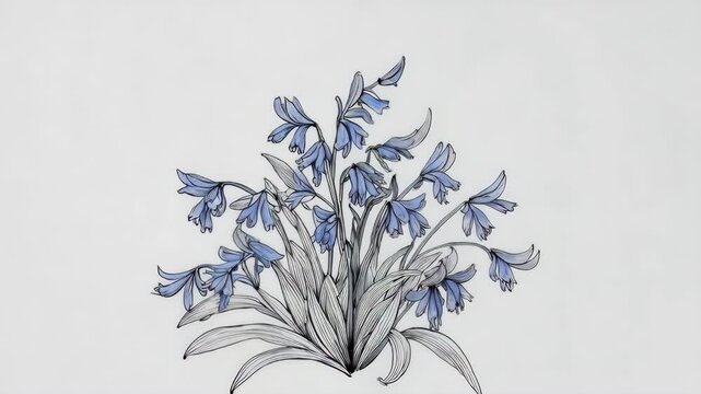 Botanical illustration of blue flowers, on a divided grayscale background