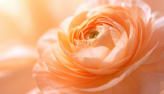 Close up of a peach ranunculus with silk like layered petals against a subtle warm gradient backdrop showing delicate texture and refined clarity with ample copy space - Powered by Adobe