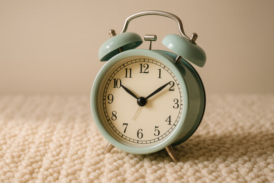 Classic mint green retro alarm clock on soft textured carpet, showing ten o'clock, vintage timepiece home decor concept