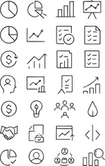 Fototapeta premium A grid of 32 monochrome line icons related to data analysis and business metrics.