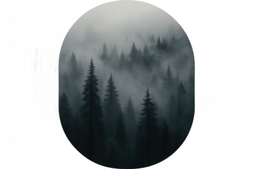 Foggy forest creating a mysterious atmosphere with trees dissolving in thick mist, monochrome nature background with transparent areas