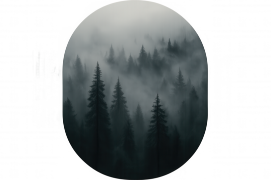 Foggy forest creating a mysterious atmosphere with trees dissolving in thick mist, monochrome nature background with transparent areas