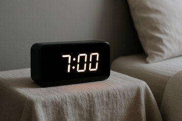 minimalist digital alarm clock displays 7 am on bedside table in calm bedroom with neutral bedding and soft morning light