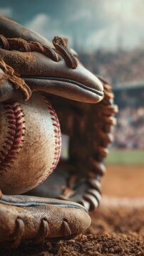Close-up of baseball glove catching a ball with blurred field