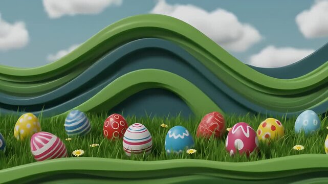 Colorful Easter Eggs in Green Grassy Field 3D Realistic Illustration
