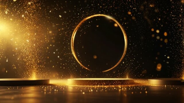 Podium background arch. blinking light gold bokeh, stage for product, 4k abstract luxury background. shining golden floor particles stars dust. Futuristic glittering movement flickering loop in space