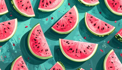 Vibrant illustration of many watermelon slices on a turquoise background