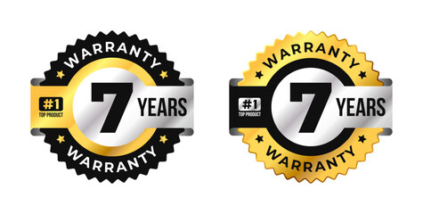 Premium 7 years warranty badge vector with black, gold and silver colors. Perfect for product guarantee, quality assurance, label, or certification design