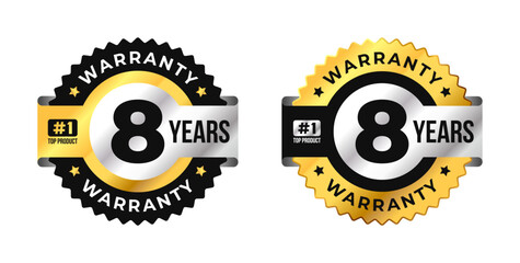 Premium 8 years warranty badge vector with black, gold and silver colors. Perfect for product guarantee, quality assurance, label, or certification design