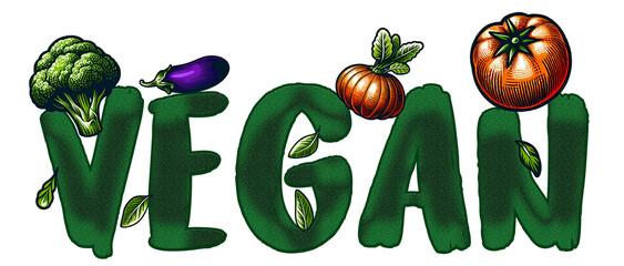 Transparent PNG Text with Vegetables upon the text VEGAN 