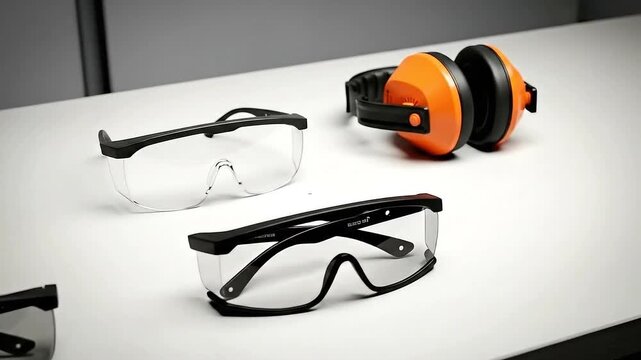 Safety Gear on White Tabletop Black Framed Safety Glasses and Orange Ear Protection on a Smooth White Surface in a Brightly Lit Room Providing a Clean and Professional Visual 198 chars