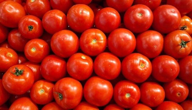 A full-frame close-up shot shows rows of perfectly arranged red tomatoes