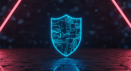 Abstract glowing blue circuit shield icon, embodying advanced cybersecurity, robust data protection, and network security in a futuristic technological landscape