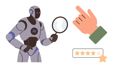 AI robot examining a magnifying glass, hand selecting a 4-star rating. Ideal for technology, customer feedback, innovation, artificial intelligence, research, data analysis evaluation. Simple flat