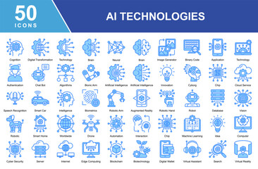 Artificial Intelligence Technologies icon set featuring icons for AI, machine learning, automation, big data, and cybersecurity. Perfect for tech, robotics, and data-driven innovation projects.