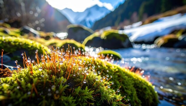 Close macro of haircap moss along an alpine stream bank with snowmelt beads clinging to bristles capturing cool tonality and precise texture from foreground to edge