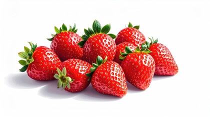 A Cluster Of Bright Red Ripe Strawberries With Green Stems And Leaves Grouped Together On A White Background With Soft Shadows