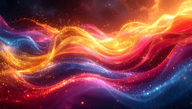 Abstract glowing waves flow with light particles, showcasing vibrant colors red, orange, yellow, and blue