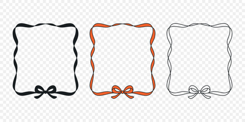 Ribbon Frame Set with Bow, Vector Illustration. Wavy Square Border, Ribbon Frame Outline. Ribbon Frame Badge for Invitation, Greeting Card, Label, Sticker, Scrapbook, Pack Design
