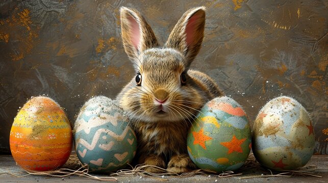 Happy Easter. Green and orange easter background card with eggs and rabbit. Vector illustration great for package banner  