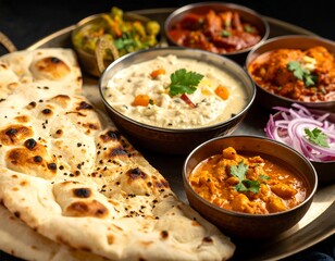 Close-up of an ornate tray with various colorful Indian dishes