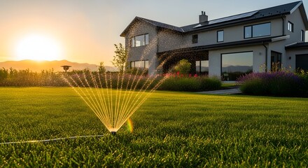 Green Lawn Sprinkler Irrigation System at Sunset Maintaining a Healthy and Lush Yard
