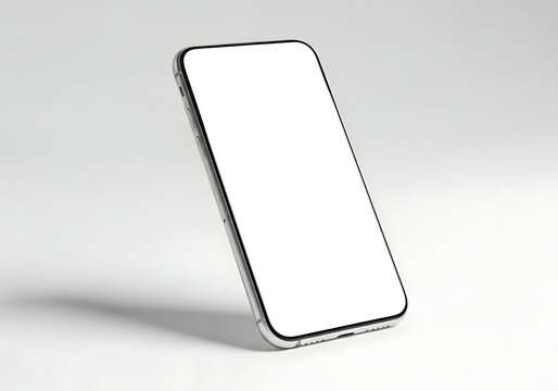 A modern smartphone with a blank white screen is displayed, casting a shadow.