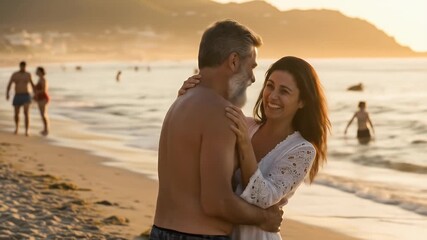 Couple Embraces on Beach at Golden Hour Realistic Video