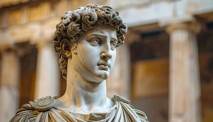 Close-up view of a classical marble bust of a young male